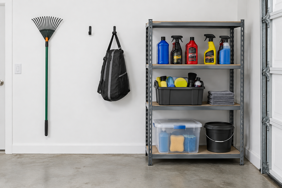 Wall-mounted hooks holding a garden tool and gear bag beside a metal shelf with car-care bottles and supply bins arranged at the front edge