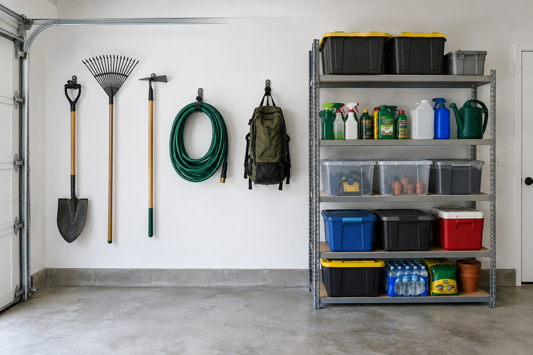 Garage wall with hooks holding garden tools and a coiled hose on the left and a metal shelving unit with bins and containers on the right