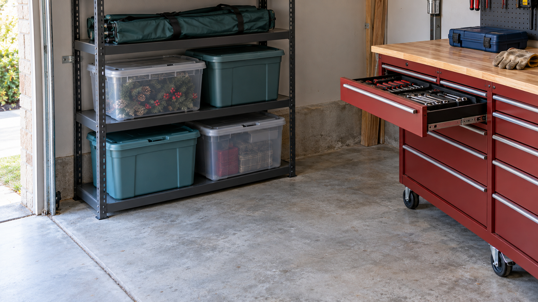 Seasonal bins occupy separate garage shelving, leaving clear floor space and room to open a red tool cabinet drawer.