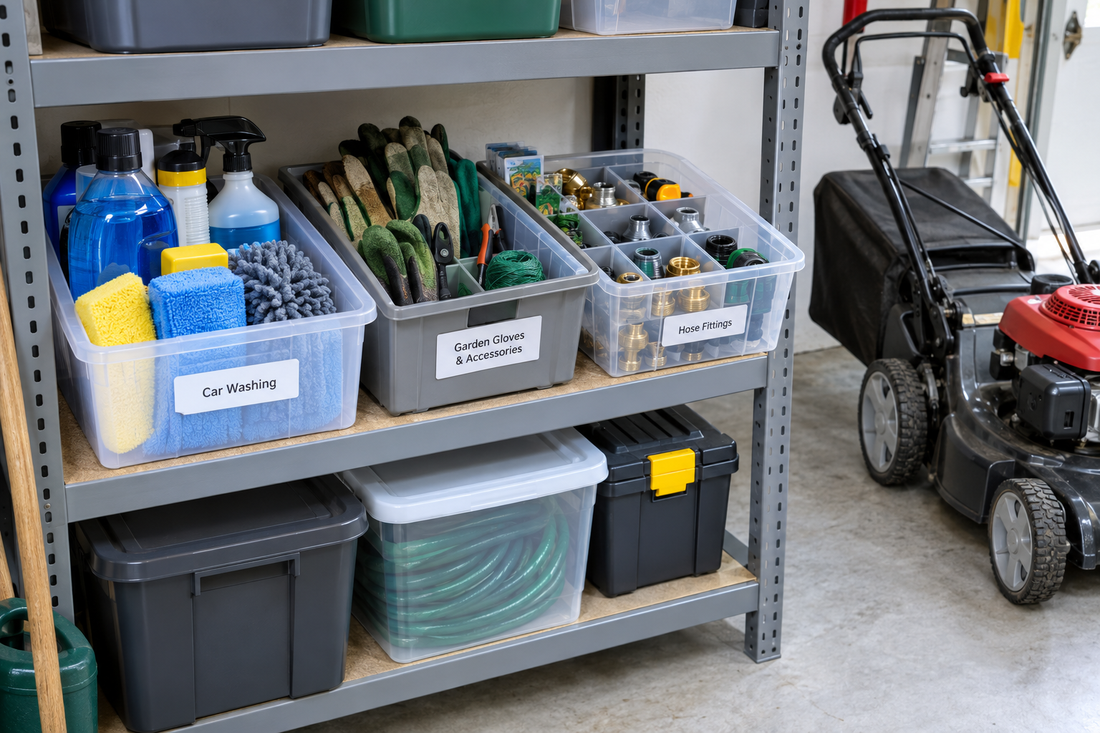 Labeled shallow bins grouped by task on a garage shelf with car supplies, garden gloves, and small accessories separated from nearby equipment