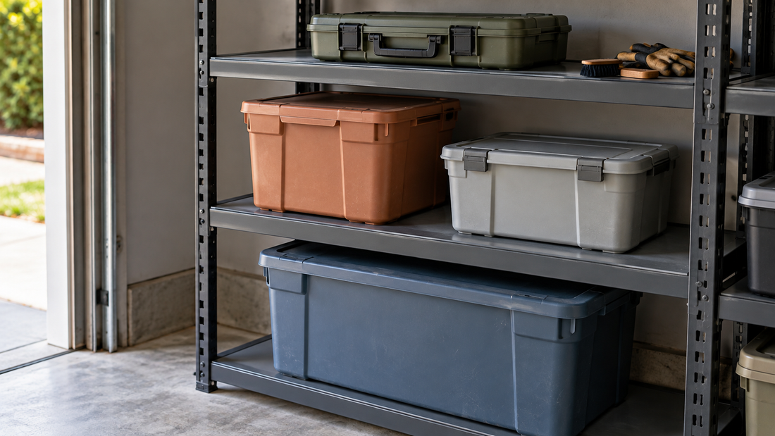 Storage containers of different heights arranged on garage shelves with clearance above their lids.