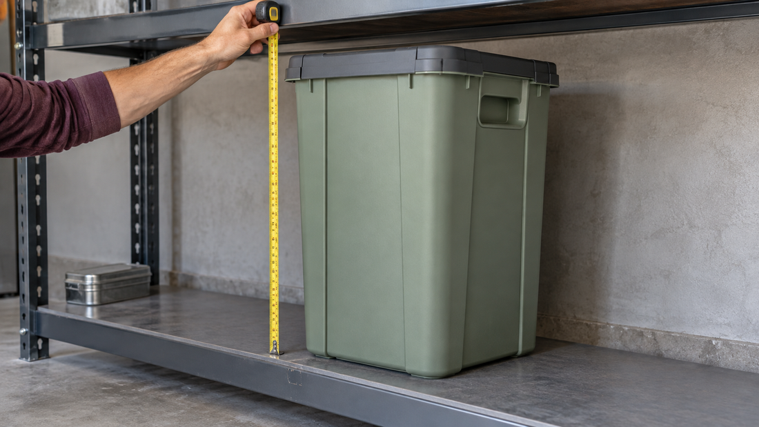 Person measuring the vertical shelf opening beside a tall lidded garage container to assess height and overhead clearance.