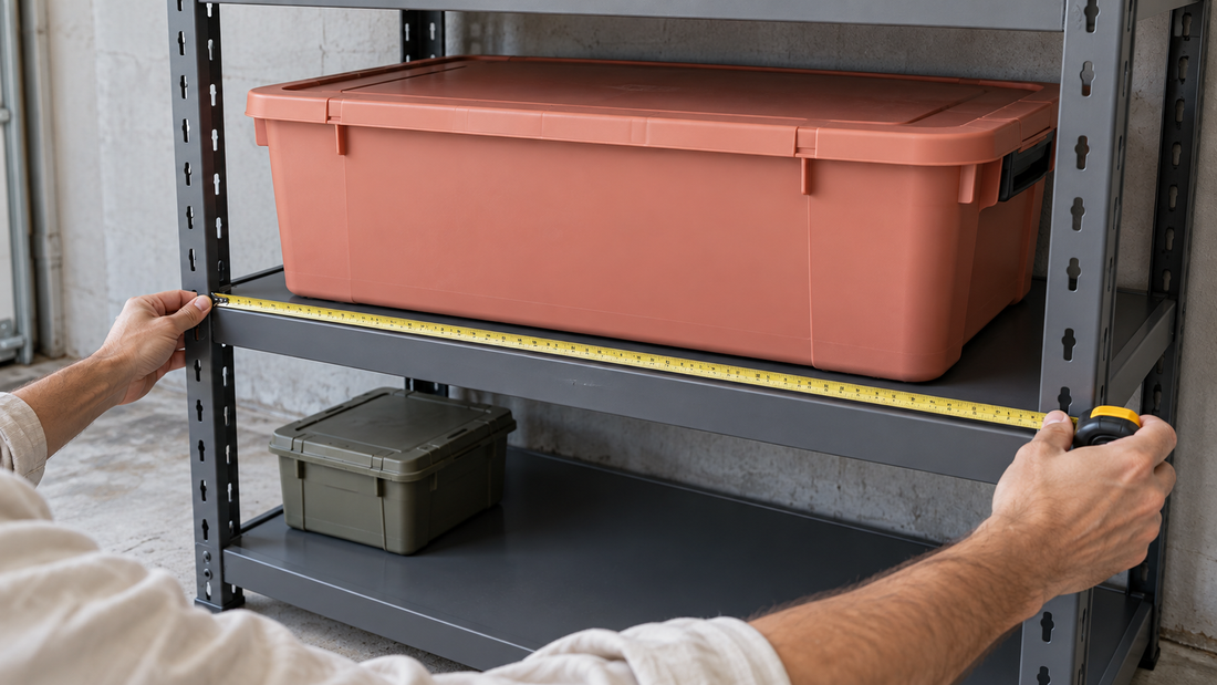 Person measuring the usable width of a garage shelf beneath a wide storage container with its base fully supported.