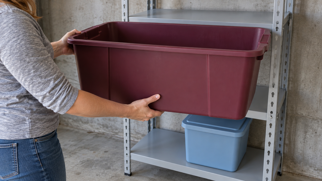 Person holding a wide storage container in front of garage shelving to compare its width with the available shelf space.