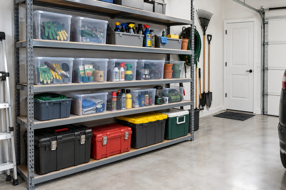 Metal garage shelving unit with heavy toolboxes on lower shelves and lightweight supply bins organized on upper shelves