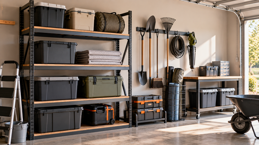 Garage storage setup with heavy-duty shelving, wall-mounted racks, and open space for bulky tools and awkward household equipment.