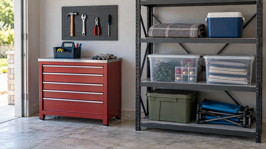 Everyday tools stay accessible beside a red tool cabinet, while seasonal supplies occupy separate garage shelving with clear floor space in front.
