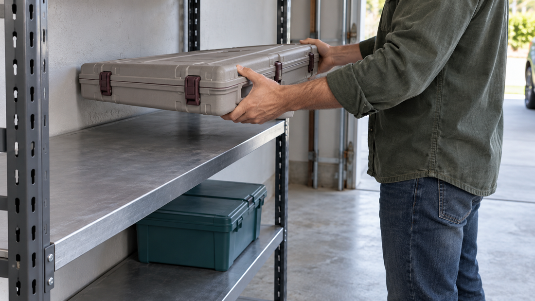 Person holding an equipment case above a garage shelf to compare its depth with the available support surface.