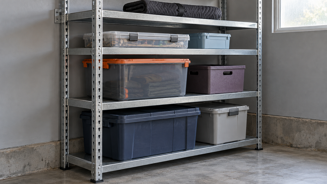 Adjustable steel garage shelves hold boxes of different heights and widths, with varied shelf spacing and clear floor access.