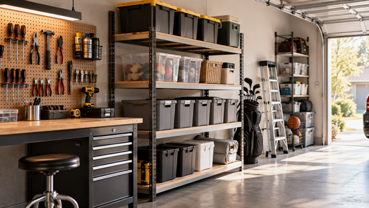 Organized garage with separate zones for tools and household storage using open shelving, bins, and wall-mounted tool storage.