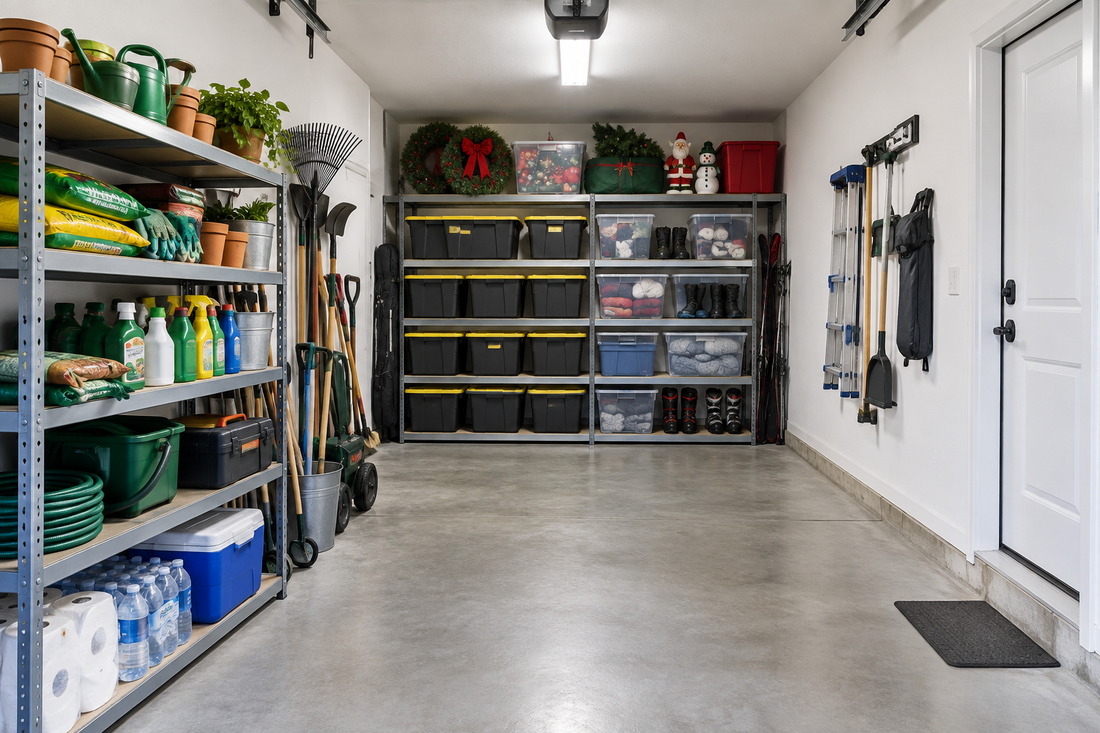 Garage shelving with current-season gardening supplies in the front accessible area and stacked off-season bins stored toward the back on higher shelves
