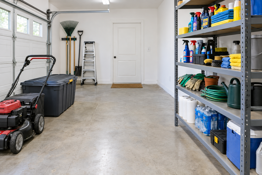 Garage shelving unit with car supplies and garden items clearly accessible beside a lawn mower and storage bin positioned away from the shelves