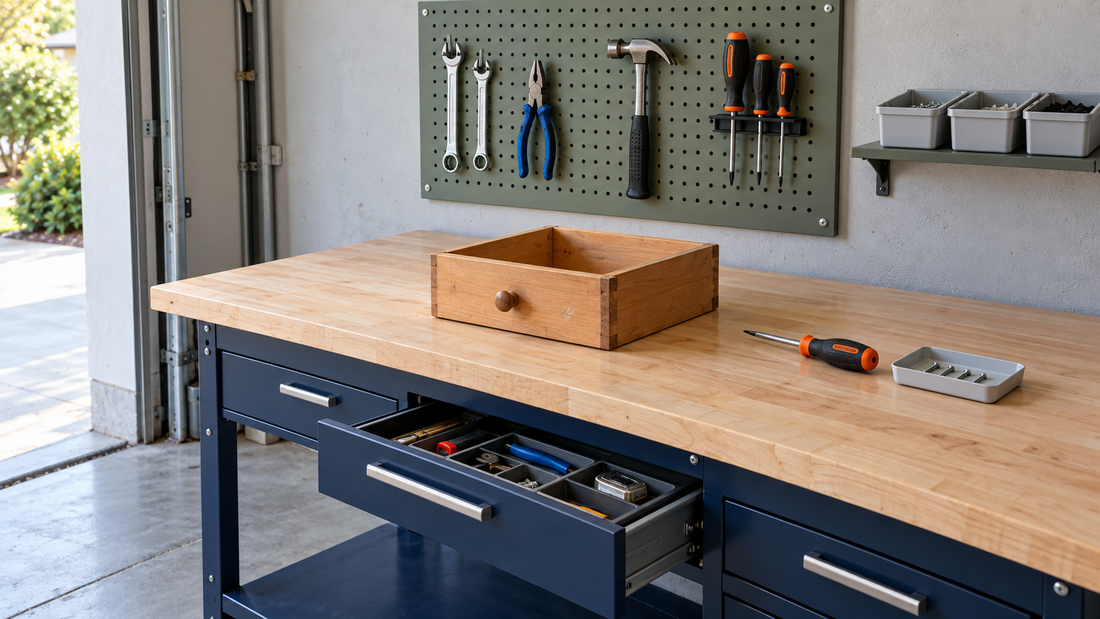 Garage workbench with wall-mounted tools, a divided storage drawer, and a clear work area holding a wooden drawer for repair.