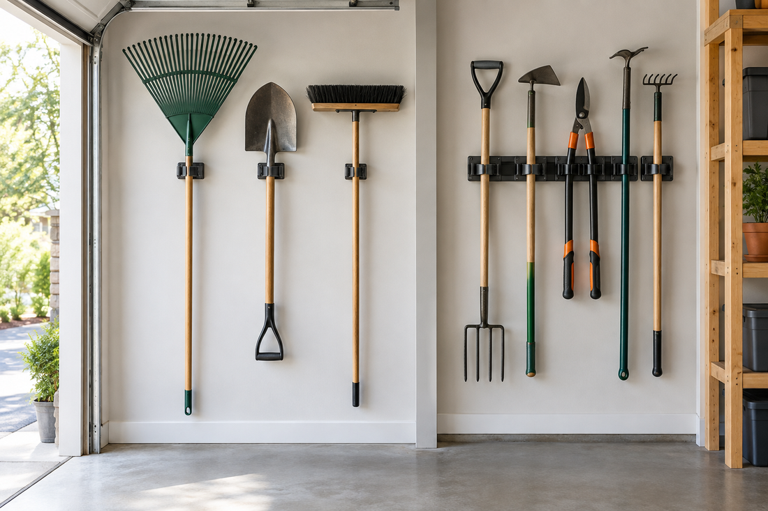 Rakes, shovels, and brooms stored on separate wall holders beside a multi-tool rack in a garage