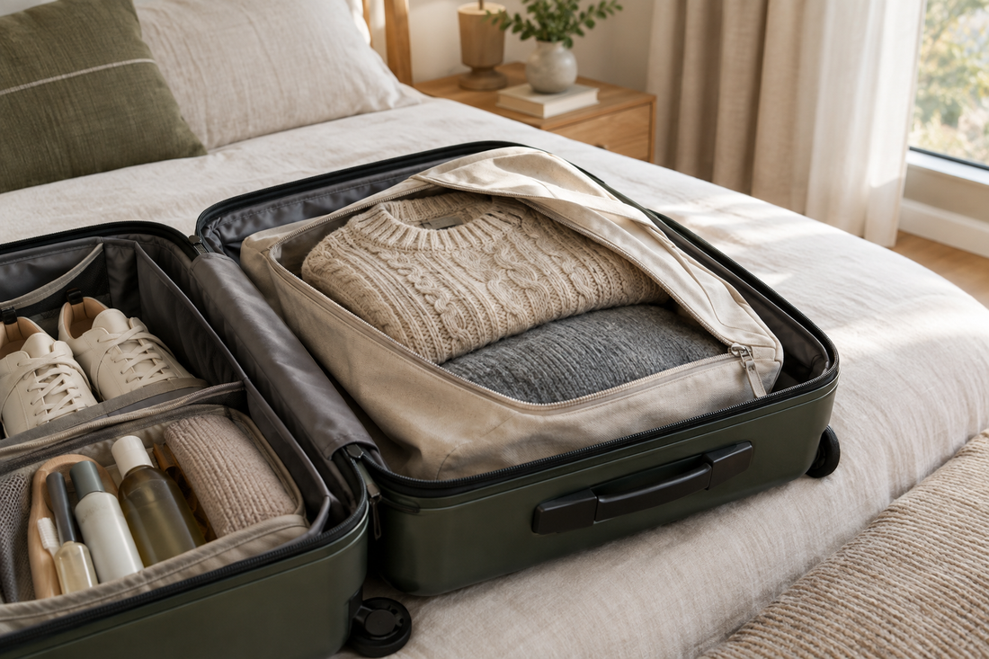 Folded sweaters in a fabric pouch inside an open suitcase, packed separately from shoes and toiletries