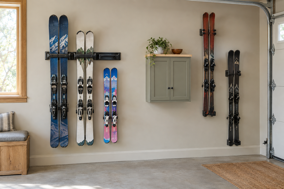 Several pairs of skis stored on a multi-pair garage wall rack beside skis held on separate wall hooks