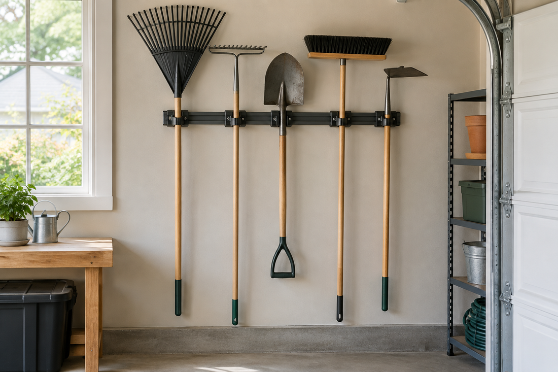 Rakes, a shovel, and a broom stored on a compact wall rack with space between their tool heads