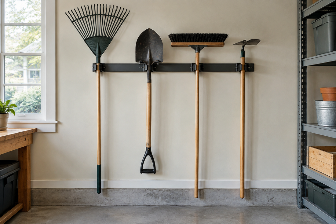 Rake, shovel, and broom stored in separate holders on a garage wall
