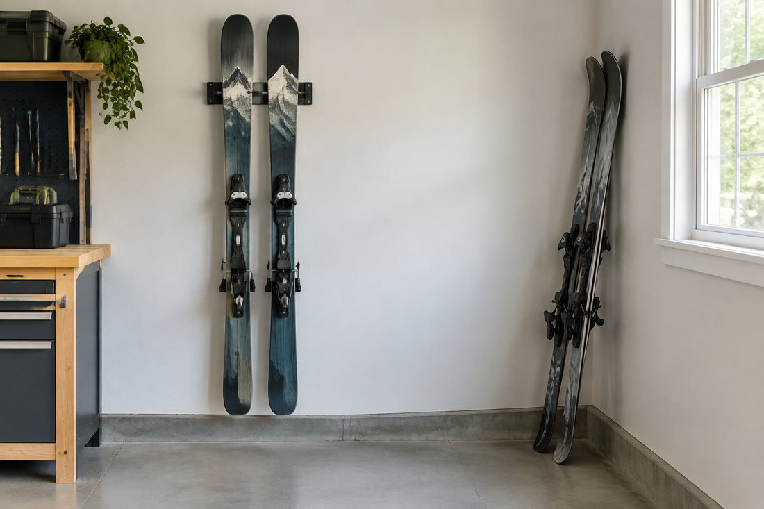 Skis stored on a garage wall rack beside another pair leaning against the wall