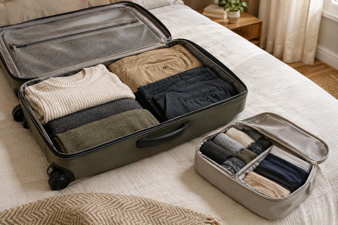 Improve small clothing organization with a dedicated packing pouch, paired socks, and a consistent suitcase position to find compact garments without searching.