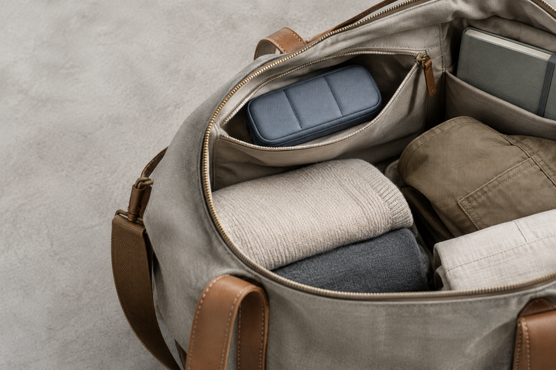 A compact medicine case in an accessible interior pocket of an open travel bag, separate from other belongings.