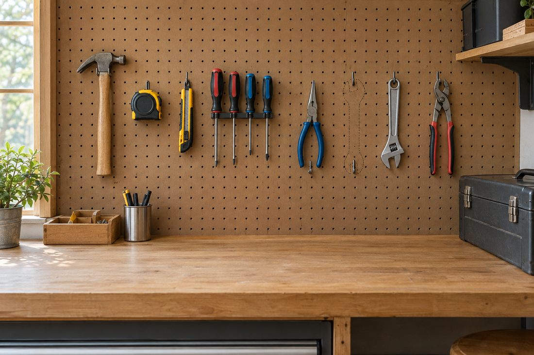 Hand tools arranged in individual positions on a garage pegboard, with one empty space showing where a tool is missing