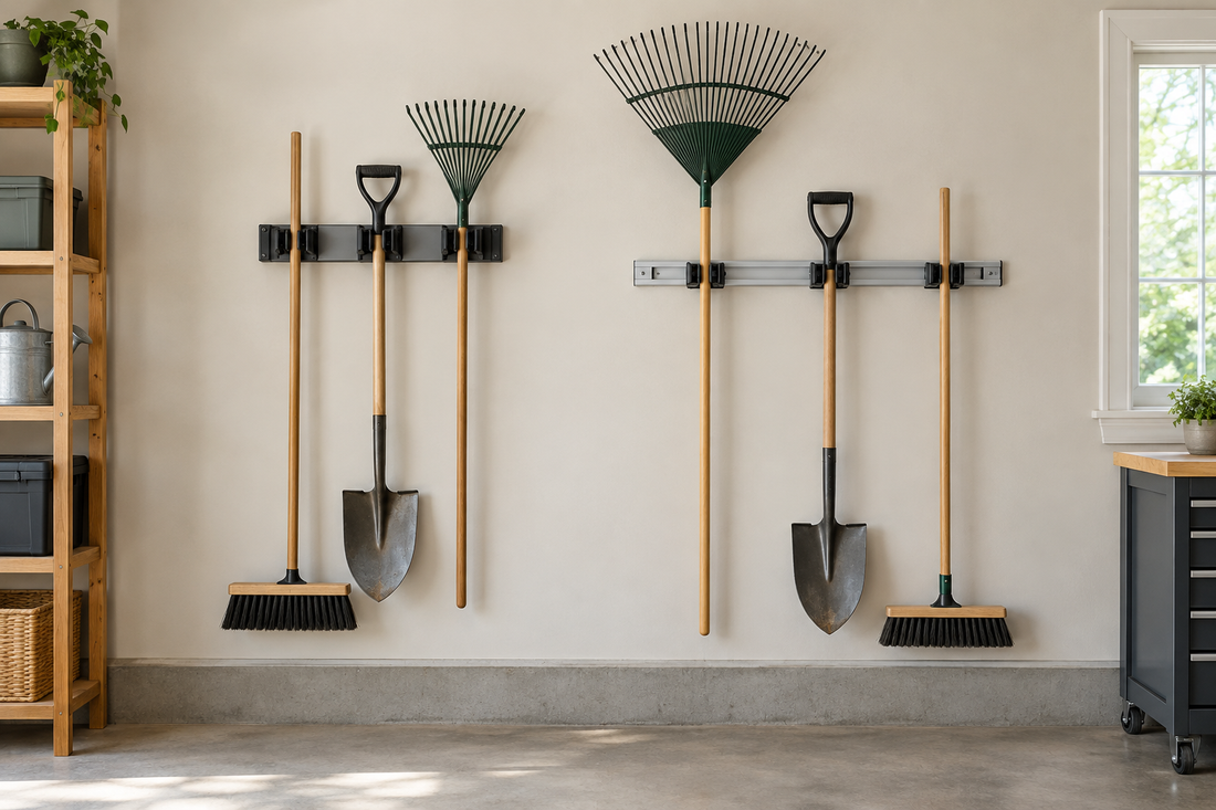 Long-handled tools on a fixed wall rack beside an adjustable rack with wider spacing for a leaf rake