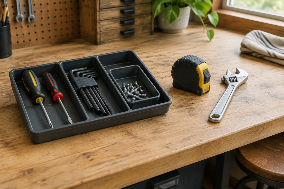 Screwdrivers, hex keys, and small parts grouped in a repair tray beside shared tools on a workbench
