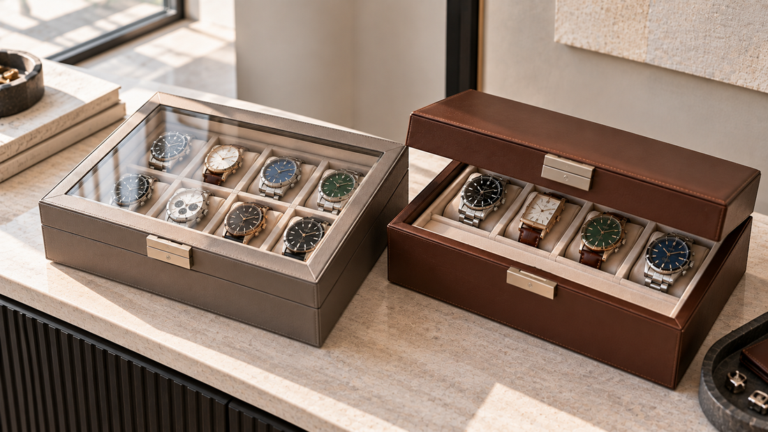 Closed glass-top watch box showing the watches inside beside a partially closed solid-lid watch box that conceals the collection.