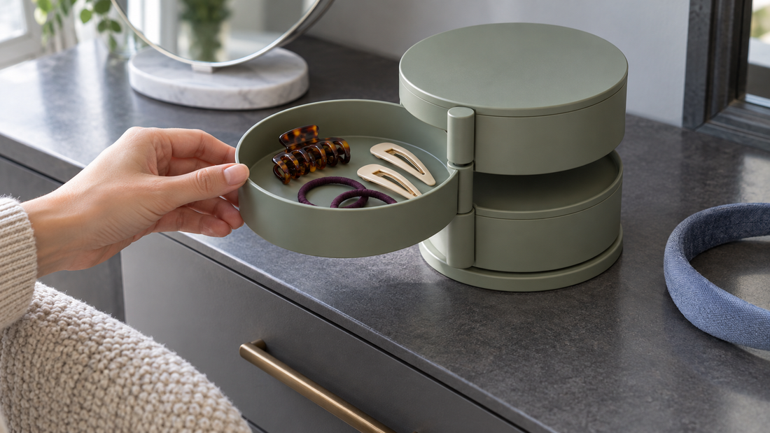 A hand opens one layer of a hair-accessory organizer with clear space around the tray and nearby objects.
