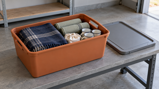 An open orange storage bin groups picnic supplies below its rim, with molded carrying handles and a separate lid visible on a garage bench.