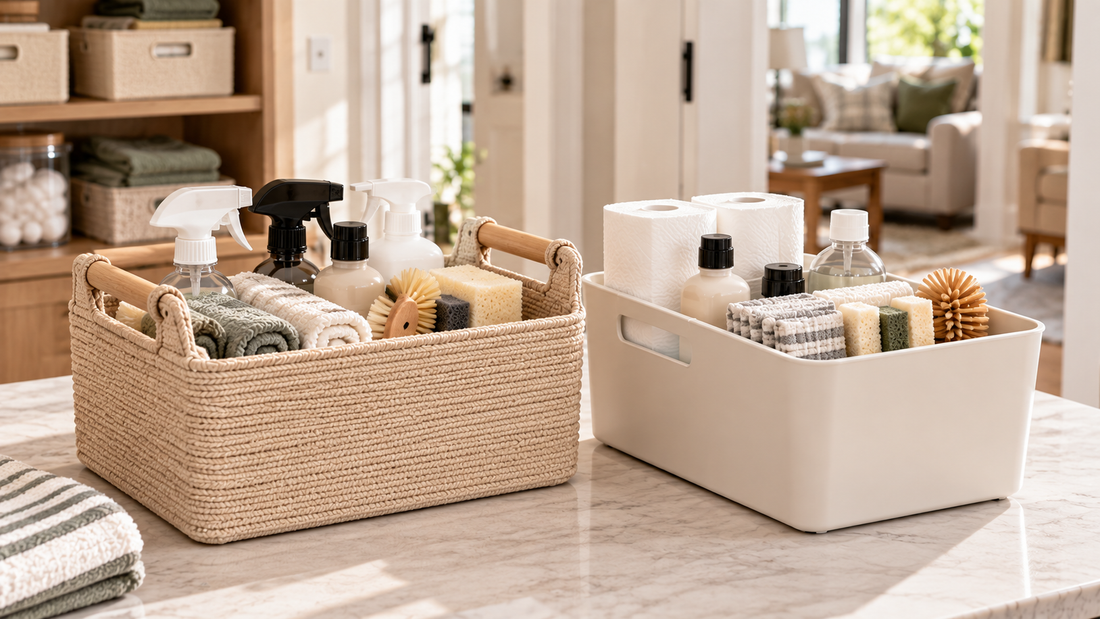 Handled storage basket beside a handle-free bin, showing two organizer styles for supplies that are moved frequently or kept in one place.