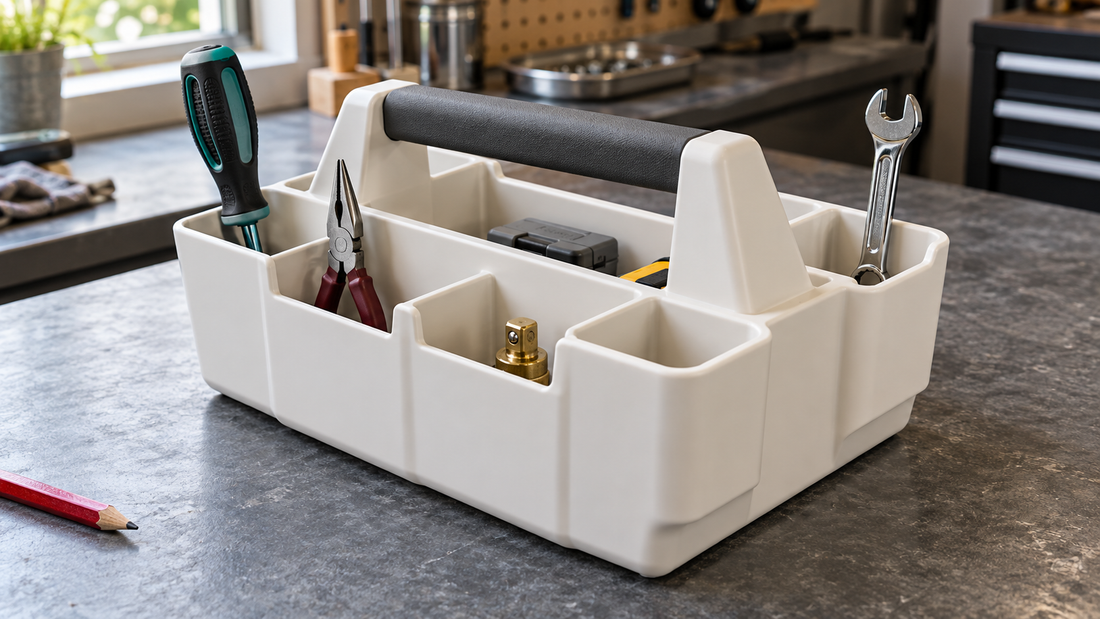 Tall tools extend above a white tool tote’s outer compartments while leaving the central carrying handle unobstructed.