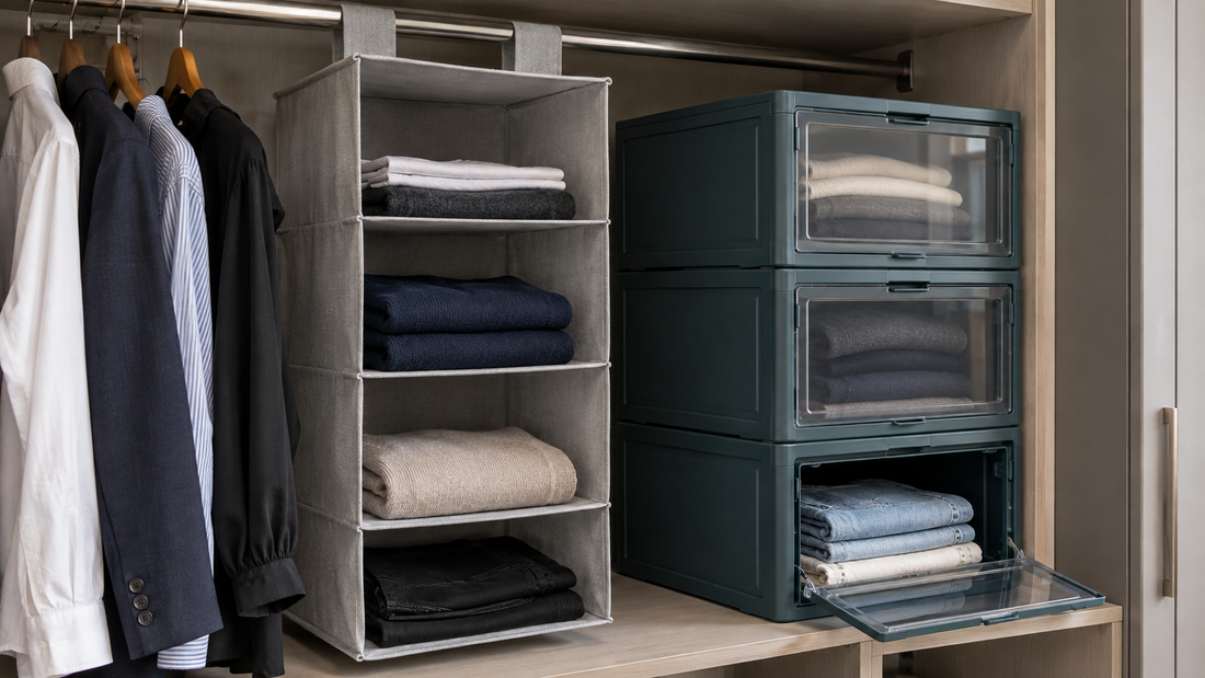Gray hanging closet shelves beside teal stackable bins store folded sweaters and trousers, with one front-opening bin displaying jeans.