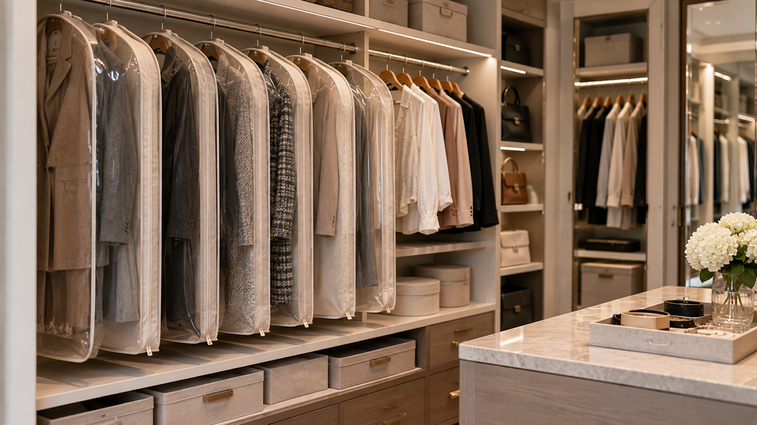 Hanging garment storage bags protecting coats, dresses, and suits from dust while keeping clothing vertically organized on a closet rod.