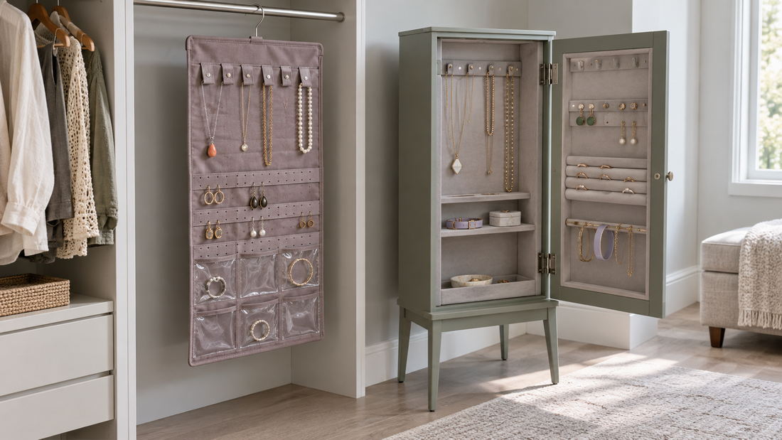 Mauve hanging jewelry organizer supported by a closet rail beside an open sage-gray jewelry armoire with dedicated storage sections.