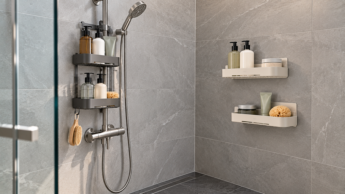 Modern walk-in shower without built-in storage using a rail-supported hanging caddy and adhesive wall organizers for everyday bath products.