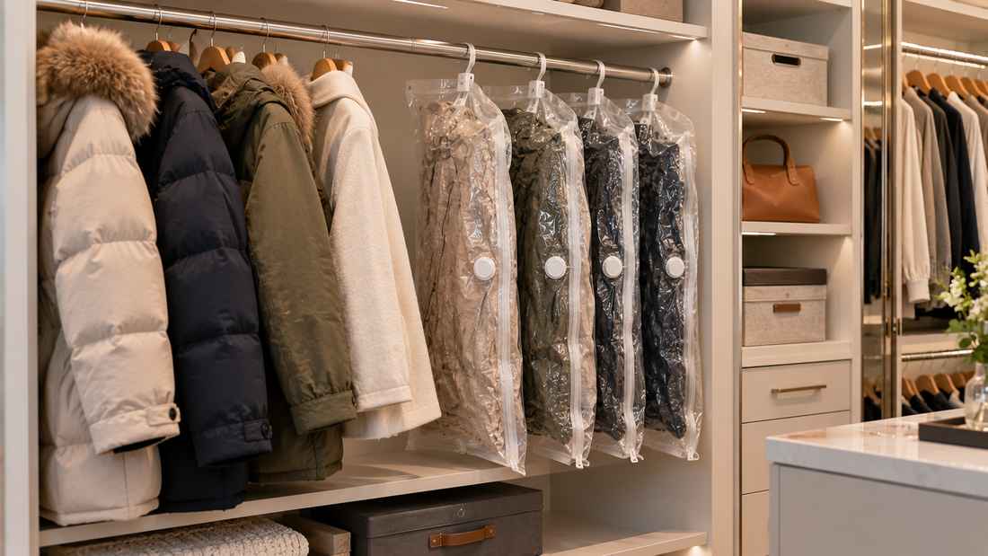 Hanging vacuum storage bags compressing bulky winter coats vertically to free up space on a closet rod.
