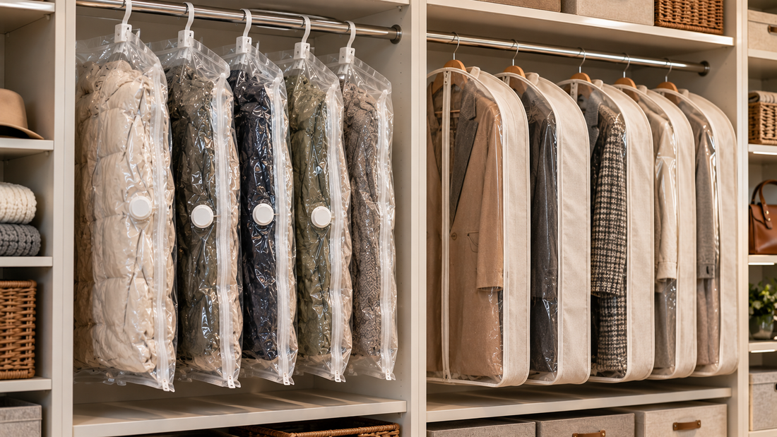 Hanging vacuum storage bags compressing bulky coats beside regular garment bags protecting clothes at their natural volume in a closet.