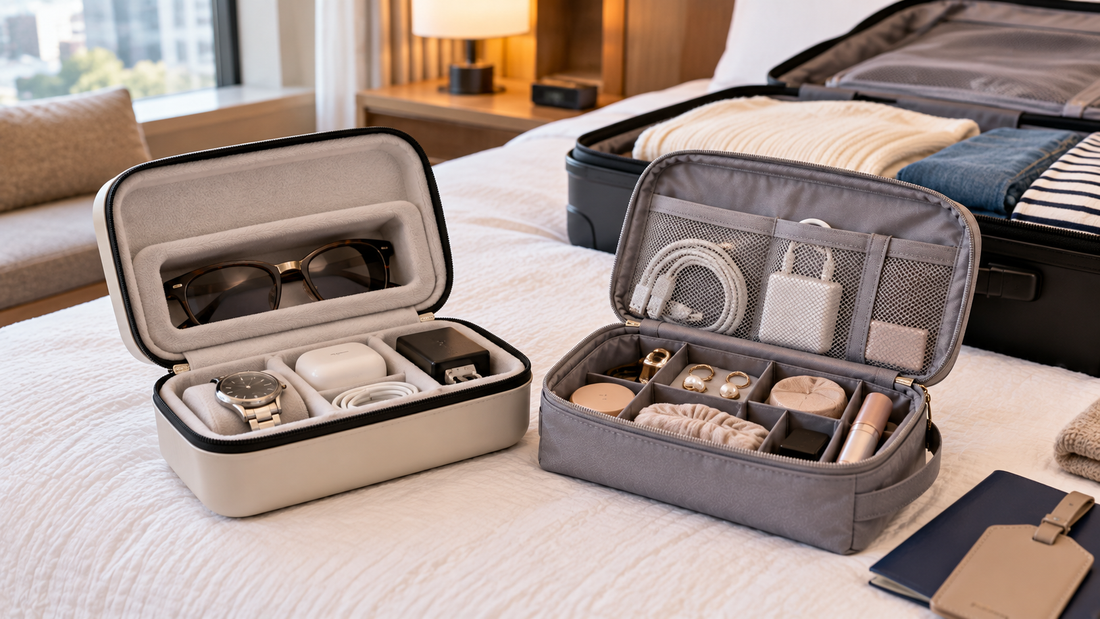 Hard-shell travel case and soft organizer pouch storing fragile travel accessories in separate compartments beside packed luggage.