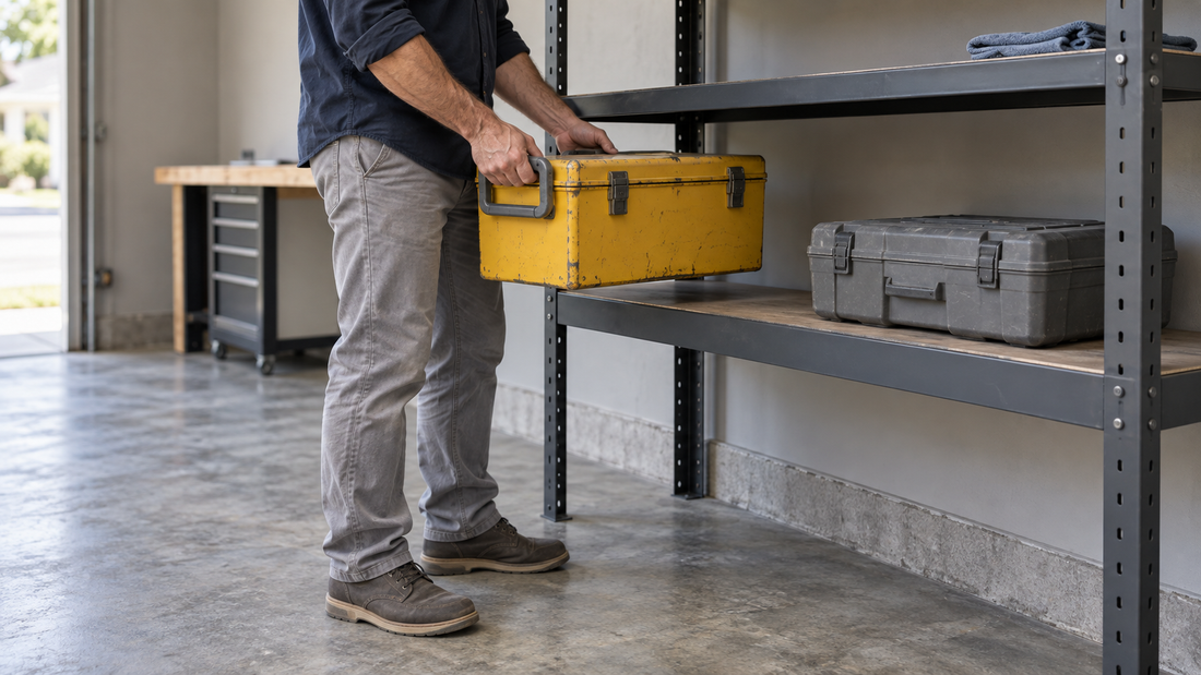Person holding a metal toolbox with both hands near waist height beside garage shelving with a clear removal path.