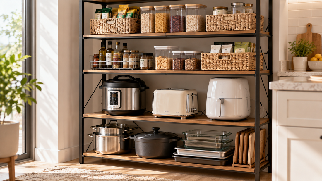 Multi-level kitchen storage rack with heavy cookware and appliances on lower shelves and lightweight pantry supplies organized above.