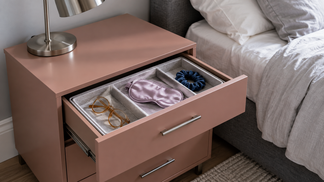 Open dusty rose nightstand drawer with a divided gray tray holding reading glasses, a lavender sleep mask, and a navy scrunchie beside a bed.