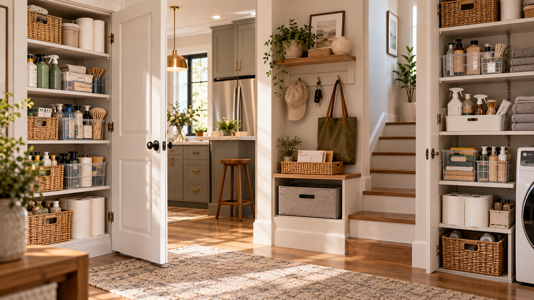 Household items grouped into defined storage areas within one continuous home interior so related supplies remain organized and easy to find.