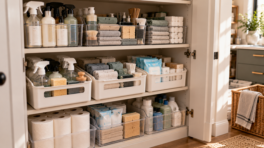 Household supplies organized in separate accessible bins and storage levels so frequently used items do not become buried underneath larger belongings.