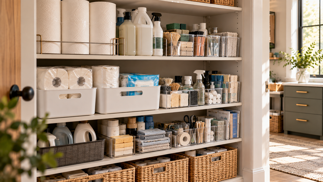 Household supplies organized by size with smaller essentials kept visible and separate from bulky items on storage shelves.