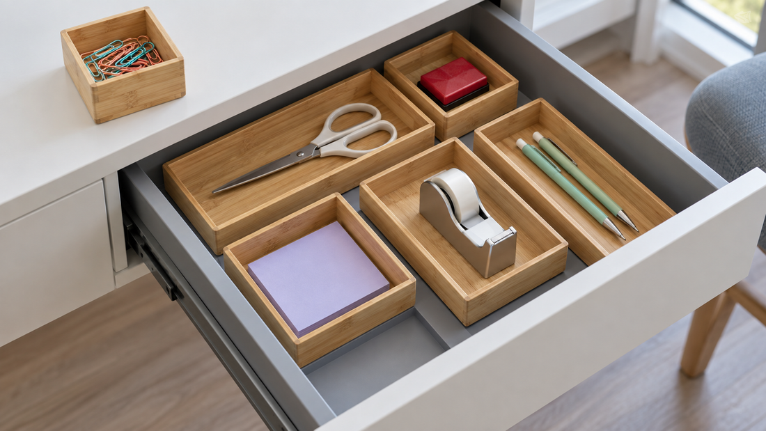 Open desk drawer with separate bamboo organizer trays and an empty space, with a removed paper-clip tray resting on the desktop.