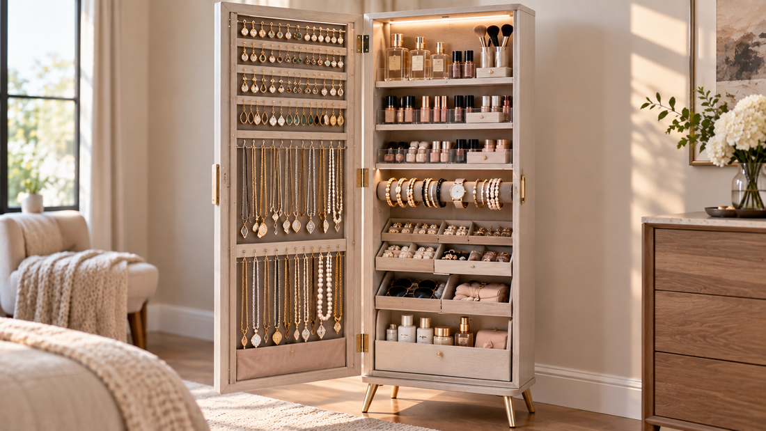 Jewelry armoire with necklaces, earrings, rings, and bracelets separated from small beauty items arranged on dedicated open shelves.