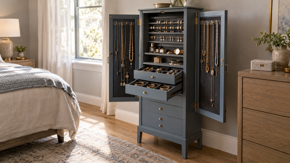 Freestanding blue-gray jewelry armoire with open necklace doors and organized drawers in a bedroom