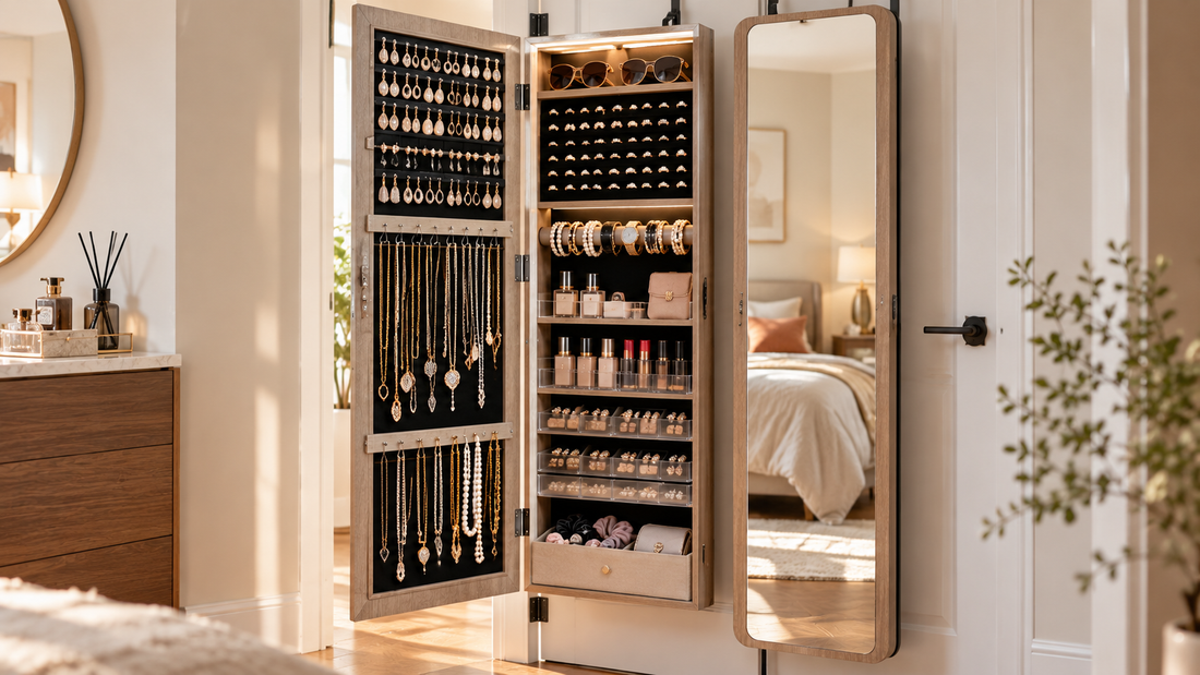 Slim jewelry cabinet organizing necklaces, earrings, rings, and bracelets in dedicated hooks, slots, rods, shelves, and compartments.